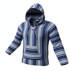 Vel-Mex Baja Hoodie Mens XL Blue Excellent Striped Mexican Poncho Pullover